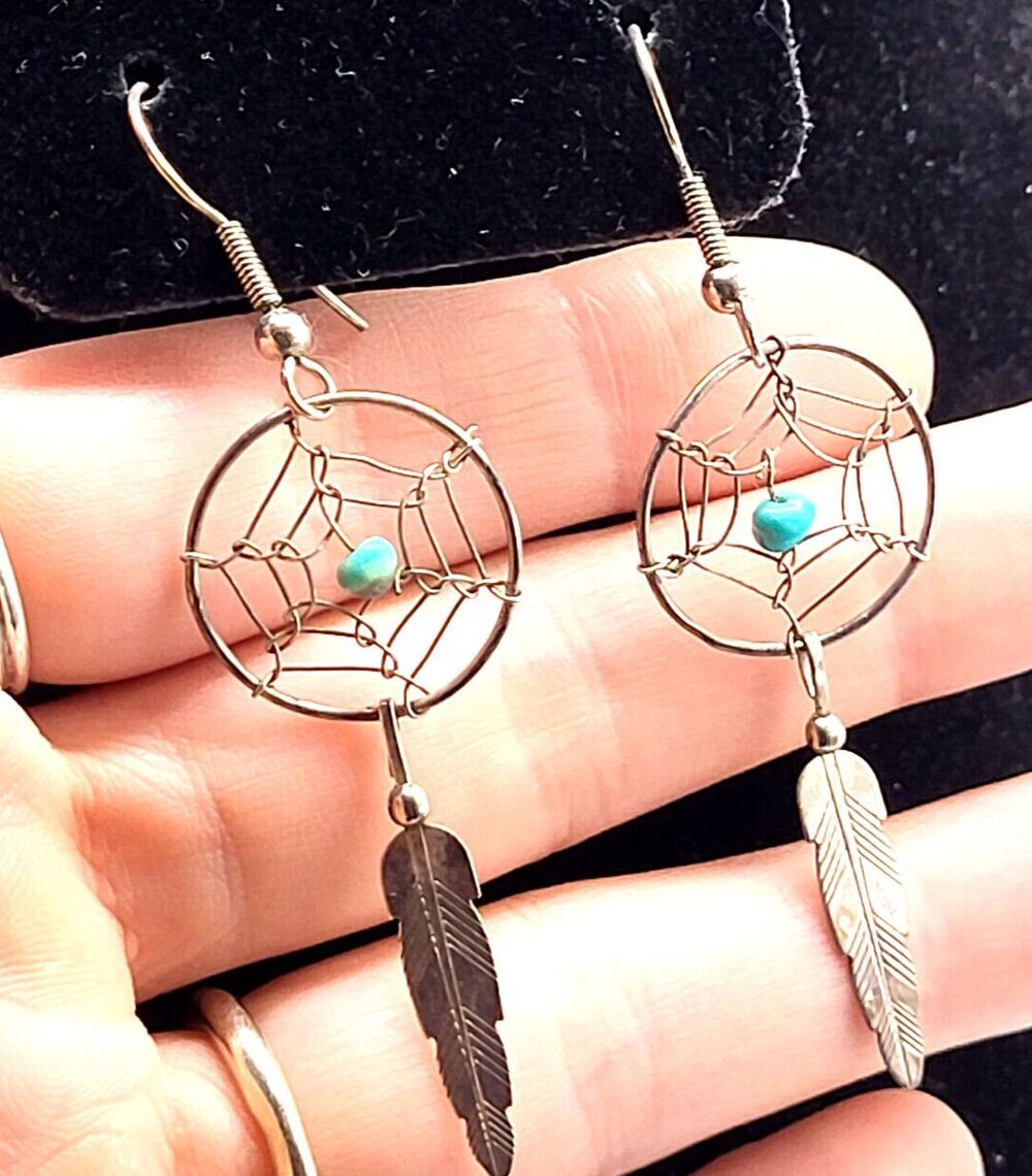 Native Sterling Silver Spiderweb with Turquoise Earrings 2.5in 925 Artisan